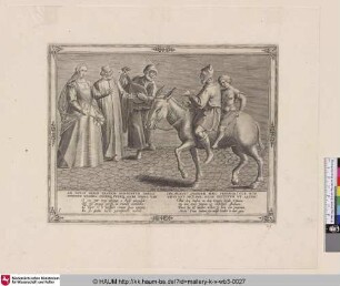 [Vater und Sohn reiten beide auf dem Esel; Father and son ride both on the donkey]