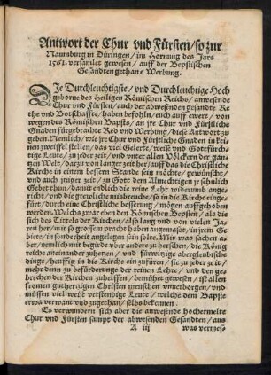 Antwort der Chur und Fürsten/ so zur Naumburg in Düringen/ im Hornung des Jars 1561. versamlet gewesen/ auff der Bepstischen Gesandten gethane Werbung.