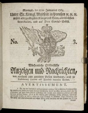 No. 3. Montags, den 21ten Januarius 1765.