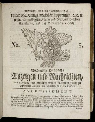 No. 3. Montags, den 21ten Januarius 1765.
