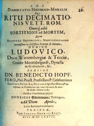 Dissertatio Historico-Moralis De Ritu Decimationis Vett. Rom. Omniq[ue] adeò Sortitione ad Mortem