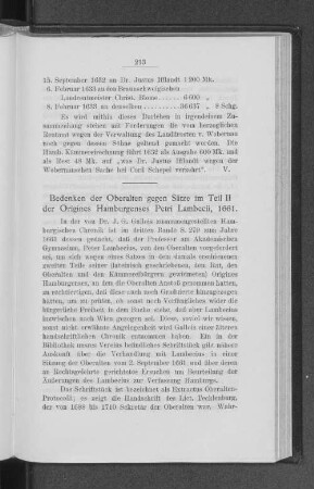 Bedenken des Oberalten gegen Sätze im Teil II der Origines Hamburgenses Petri Lambecii, 1661.