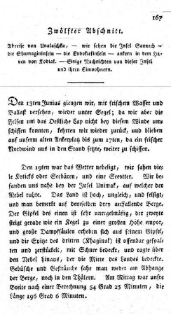 Dreyzehnter Abschnitt - Abreise von Unalaschka, - wir sehen die Insel Sannach - die Shumagininsel - ankern in dem Haven von Kodiak. - Einige Nachrichten von dieser Insel und ihren Einwohnern.