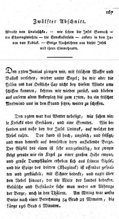 Dreyzehnter Abschnitt - Abreise von Unalaschka, - wir sehen die Insel Sannach - die Shumagininsel - ankern in dem Haven von Kodiak. - Einige Nachrichten von dieser Insel und ihren Einwohnern.