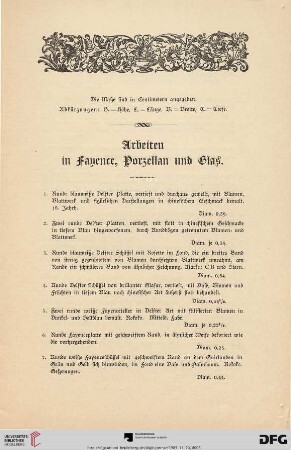 Arbeiten in Fayence, Porzellan und Glas (Nr. 1-29)
