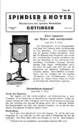 Liste 52: Zwei Apparate zur Hydro- und Aerodynamik