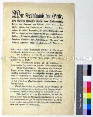 Patent von Ferdinand I. Kaiser von Österreich mit Zugeständnissen zur Pressefreiheit, Nationalgarde, Verfassung und Nationalversammlung