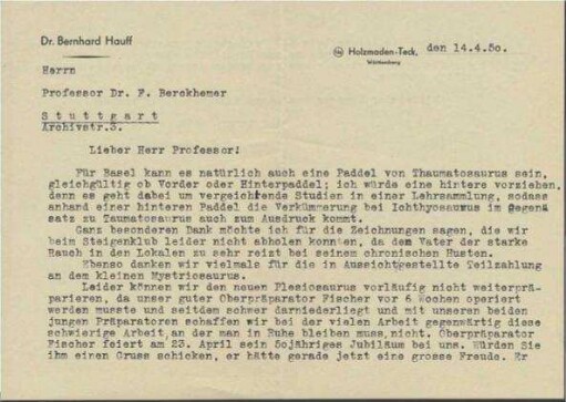 Schreiben Bernhard Hauff jr. an Prof. Dr. F. Berckhemer