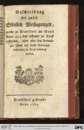 Beschreibung der zwölf Sibyllen Weißagungen [....]