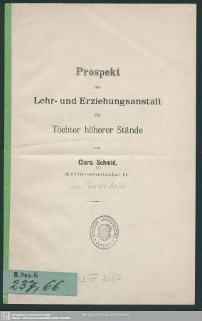 Prospekt der Lehr- und Erziehungsanstalt für Töchter höherer Stände