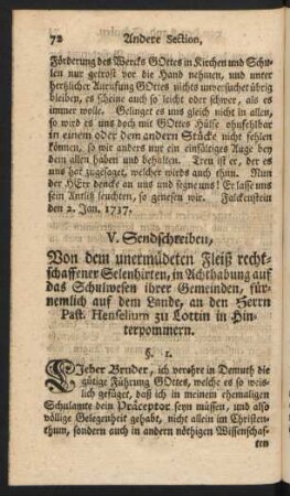 V. Sendschreiben, Von dem unermüdeten Fleiß rechtschaffener Selenhirten, ...