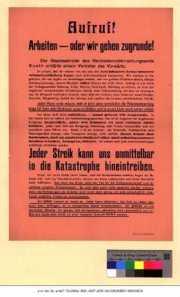 Originaltitel: Aufruf! Arbeiten - oder wir gehen zugrunde! Jeder Streik kann uns unmittelbar in die Katastrophe hineintreiben.