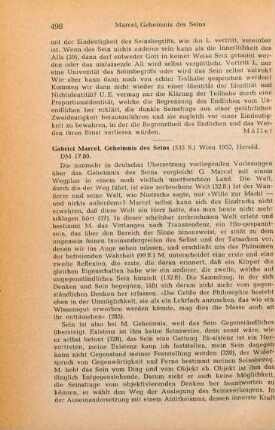 498-499 [Rezension] Marcel, Gabriel, Geheimnis des Seins