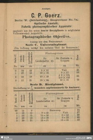 C.P. Goerz empfiehlt aus den neuen Jena´er Barytgläsern ...