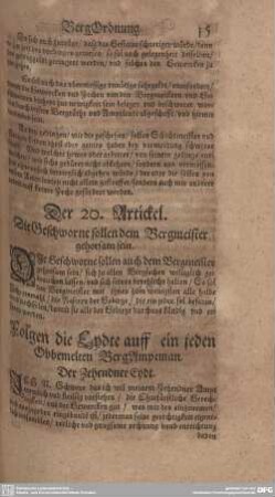 Der 20. Artickel. Die Geschwornen sollen dem Bergmeister gehorchsam sein.
