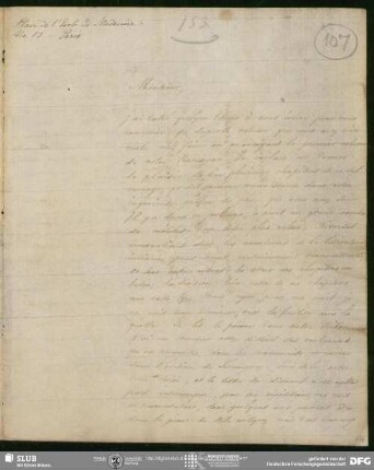 Eigenh. Brief von Eugène Burnouf an August Wilhelm von Schlegel, Paris, 22.06.1829