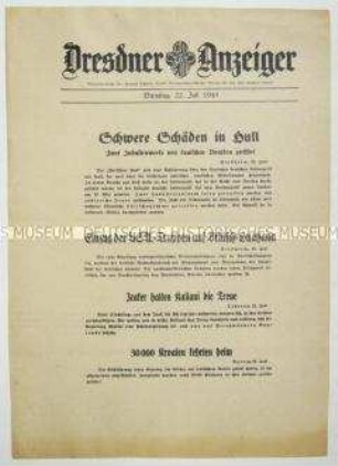 Nachrichtenblatt "Dresdner Anzeiger" u.a. zu schweren deutschen Luftangriffen auf Kingston upon Hull