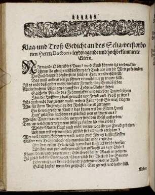 Klag- und Trost-Gedicht an des Selig-verstorbenen Herrn Doctoris [...] Eltern.