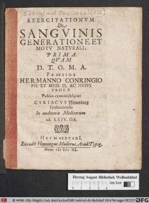 Exercitationum De Sanguinis Generatione Et Motu Naturali, Prima
