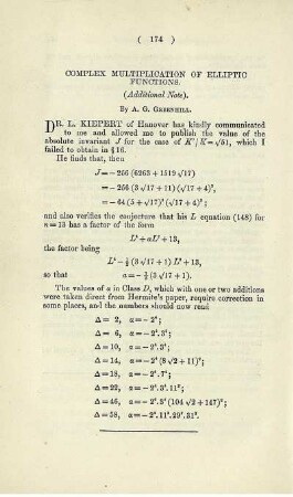 Complex multiplication of elliptic functions.