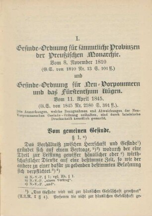 I. Gesinde-Ordnung für sämmtliche Provinzen der Preußischen Monarchie. Vom 8. November 1810 und Gesinde-Ordnung für Neu-Vorpommern und das Fürstenthum Rügen. Vom 11. April 1845.