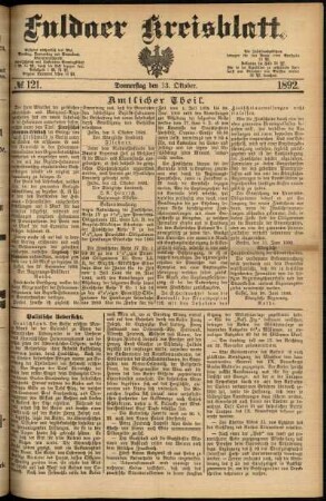 Erste Ausgabe vom Donnerstag, den 13. Oktober 1892.