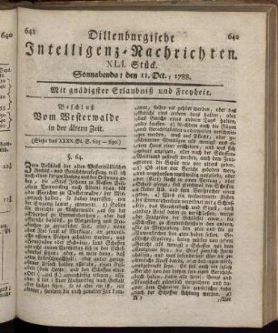 XLI. Stück. Sonnabends : den 11. Oct., 1788.