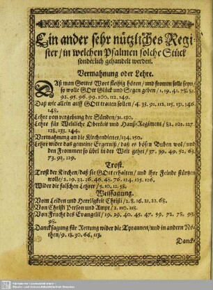 Ein ander sehr nützlich Register, in welchen Psalmen solche Stück sonderlich gehandelt werden