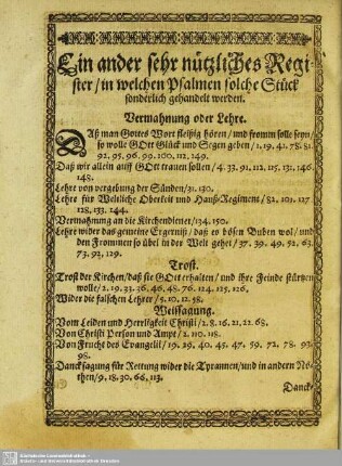 Ein ander sehr nützlich Register, in welchen Psalmen solche Stück sonderlich gehandelt werden