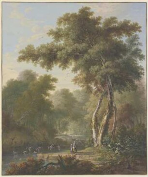 Waldlandschaft, Esel und Ziegen gehen durch ein Wasser