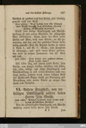 VI. Andere Fragstücke, von der heiligen Empfängniß unsers lieben Herrn Jesu Christi.