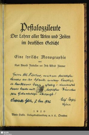 Pestalozzileute : der Lehrer aller Arten und Zeiten im deutschen Gedicht; eine lyrische Monographie