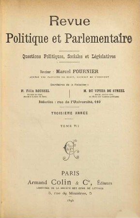 Revue politique et parlementaire. 7 = A. 3 = No. 19 - 21. 1896