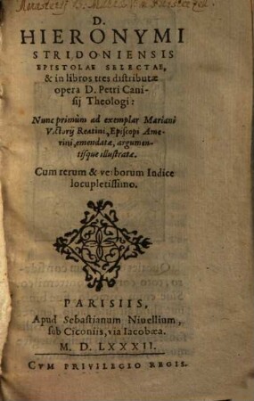 D. Hieronymi Stridoniensis Epistolae Selectae, & in libros tres distributae : Cum rerum & verborum Indice locupletissimo
