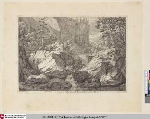 [Damm und Strom unterhalb großer Felsen; Dam and stream among large rocks]