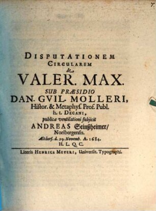 Disputationem circularem de Valer. Max.