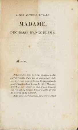 A Son Altesse Royale Madame, Duchesse D'Angouleme.