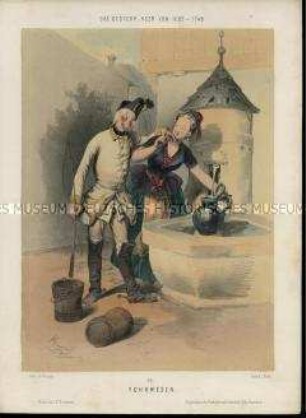 Uniformdarstellung, Gemeiner des Militär-Fuhrwesens belästigt Frau am Brunnen, Österreich, 1683/1748. Tafel 26 aus: Gerasch: Das Oesterreichische Heer.