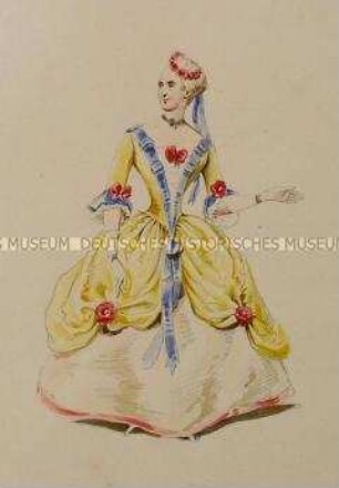 Frau im gelben gerafften Gewand mit roten Rosetten - Tafel aus Franceschini/Kostümbilder (Kassette 1)