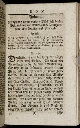 Anhang. Fortsetzung der im vorigen Stück befindlichen Beschreibung von Neuengland, Neuschottland oder Acadien und Neuland.