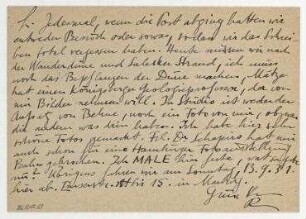 Postkarte von Raoul Hausmann an Elfriede Hausmann. [Poststempel: Schlawe (Pommern)]