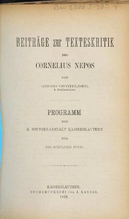 Beiträge zur Texteskritik des Cornelius Nepos