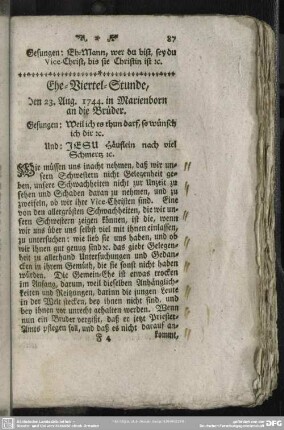 Ehe-Viertel-Stunde, den 23. Aug. 1744. in Marienborn an die Brüder