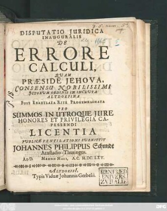 Disputatio Iuridica Inauguralis De Errore Calculi