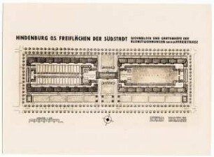 Wohnsiedlung (Kleinstwohnungen) an der Pfarrstraße, Hindenburg: Freiflächen der Südstadt, Wohnblock und Gartenhöfe der Kleinstwohnungen an der Pfarrstraße: Grundriss 1:200