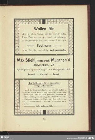 Werbung: Max Stiehl, Photograph, München, Spezialgeschäft der Photographie