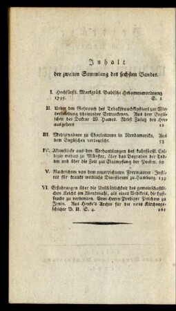 Inhalt der zweiten Sammlung des sechsten Bandes