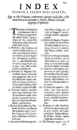 Index Operum S. Patris Nili Abbatis, quae in isto Volumine continentur ...