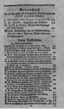 Verzeichniß der in des acht und dreyßigsten Bandes zweytem Stücke recensirten Bücher.