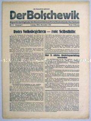 Mitteilungsblatt der KPD des Bezirkes Dresden "Der Bolschewik" mit einem Aufruf zu einem "roten Volksbegehren" gegen die sächsische Landesregierung